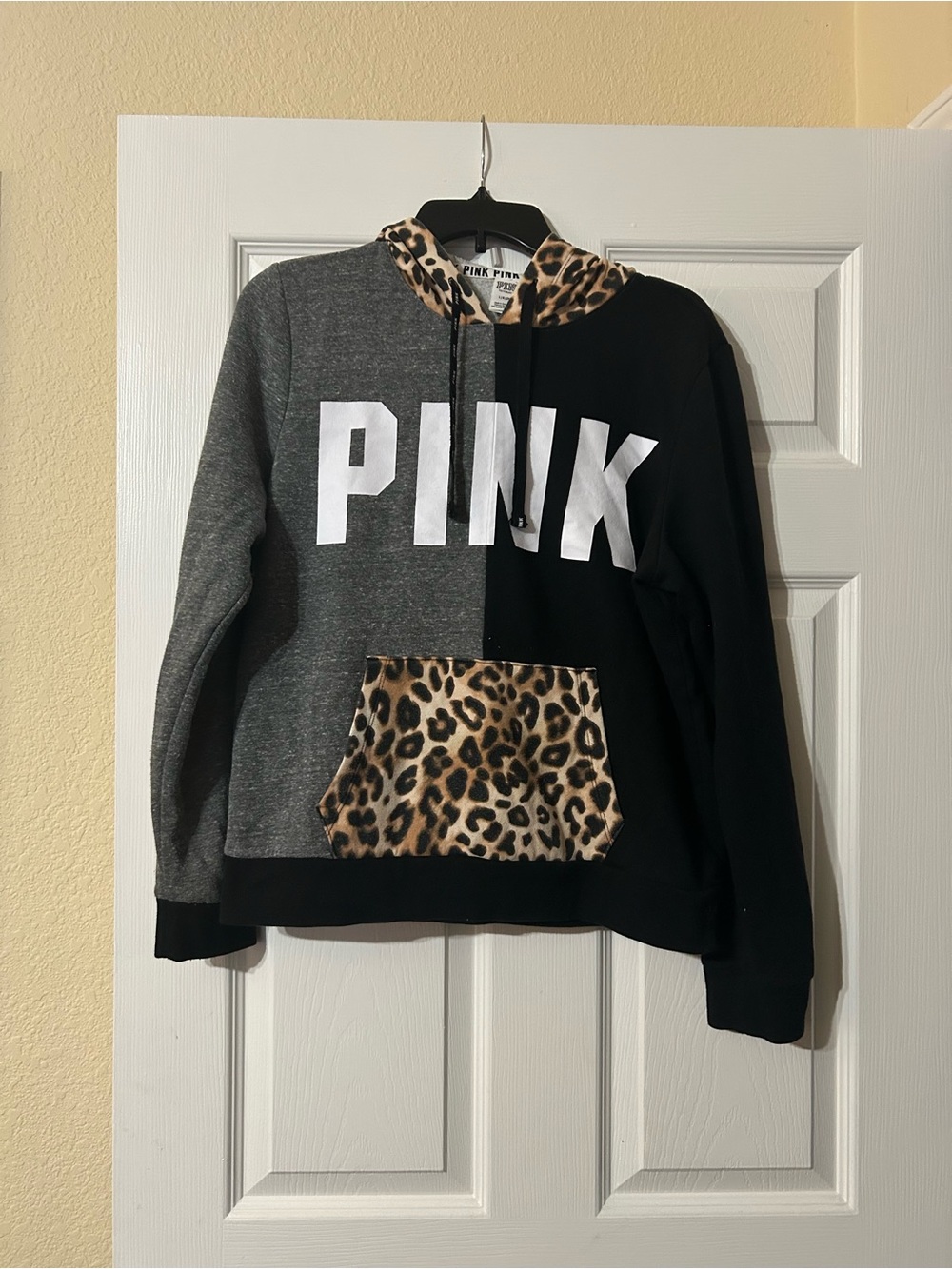 Victoria's Secret PINK Two-Tone Gray & Black Hoodie with Leopard Trim